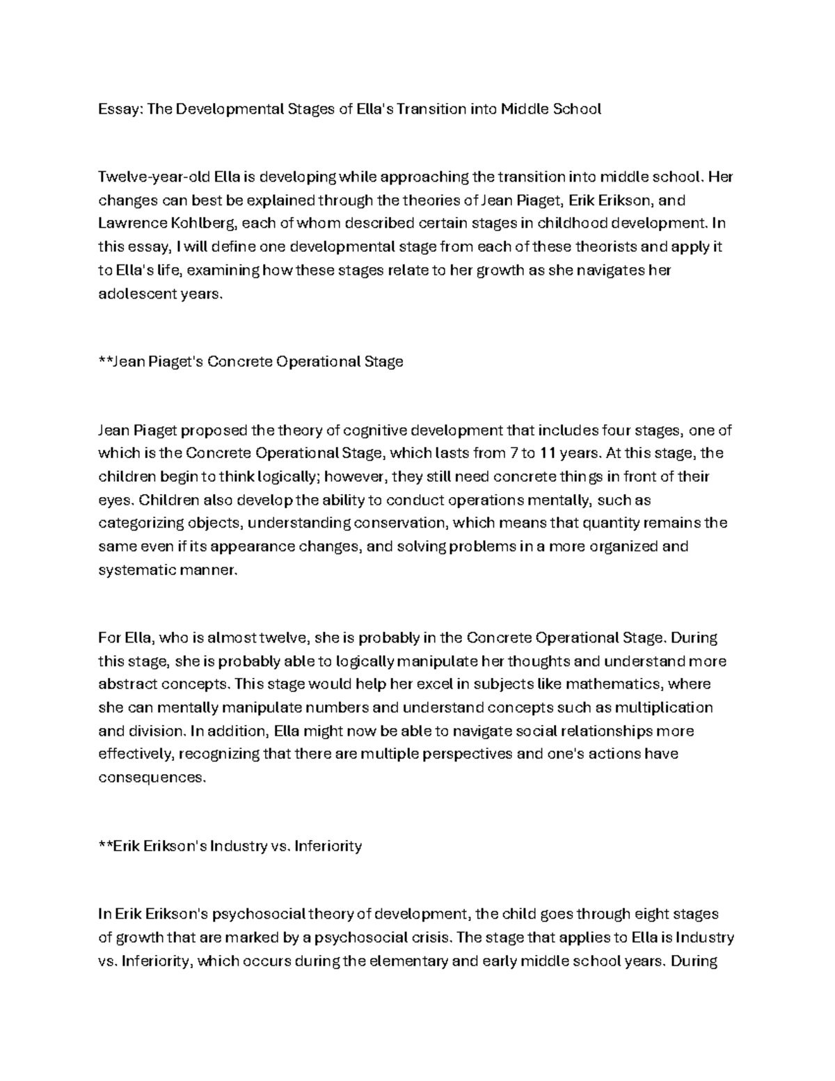 PSY 250 - Essay on Ella's Developmental Transition to Middle School ...