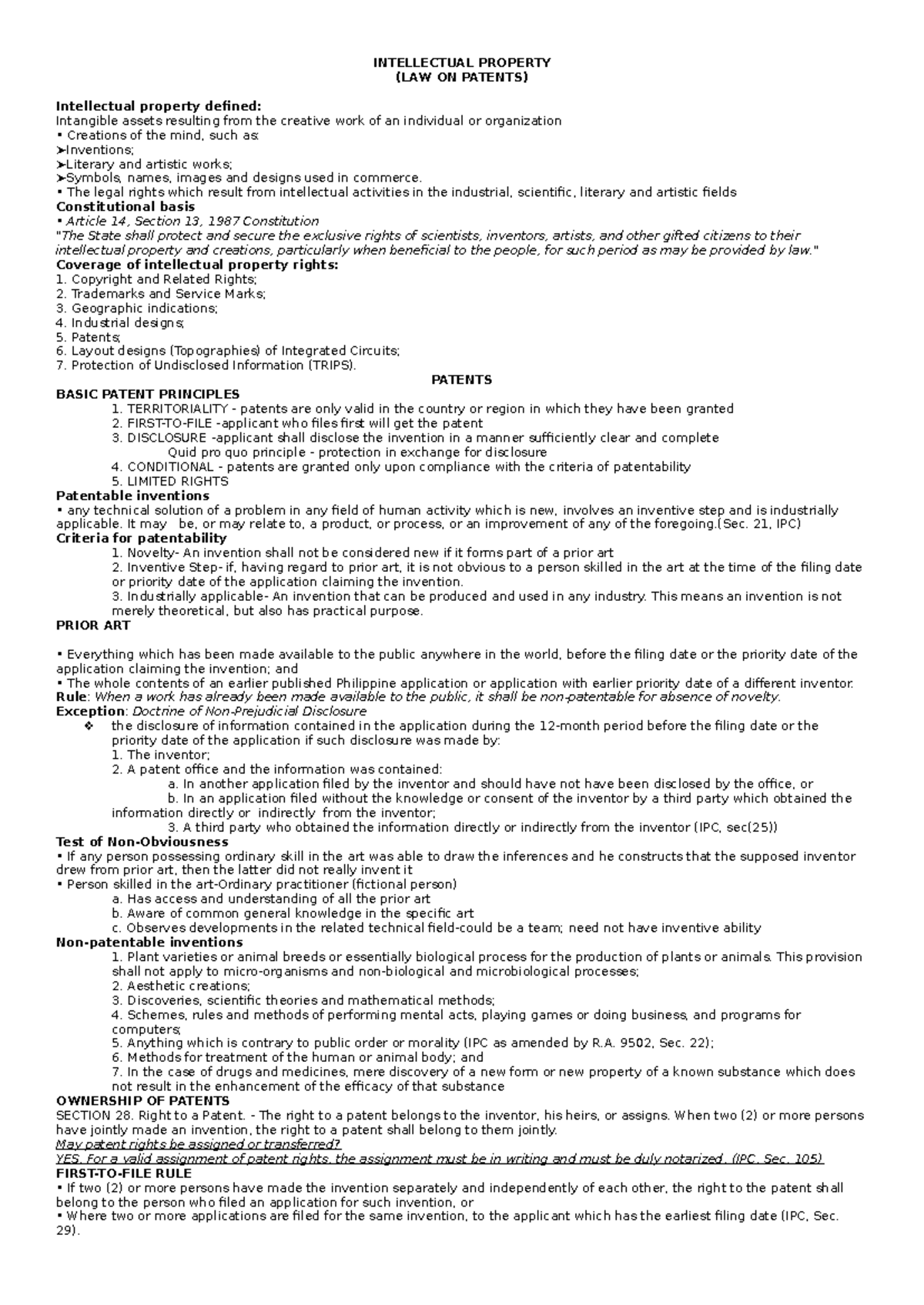 LAW ON Patents - INTELLECTUAL PROPERTY (LAW ON PATENTS) Intellectual ...
