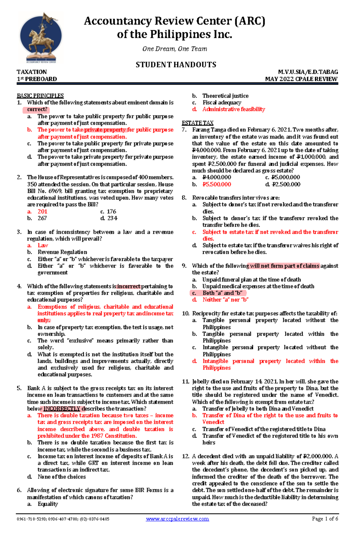 ARC Taxation May 2022 Batch - 1st Preboard Review Questions - Studocu