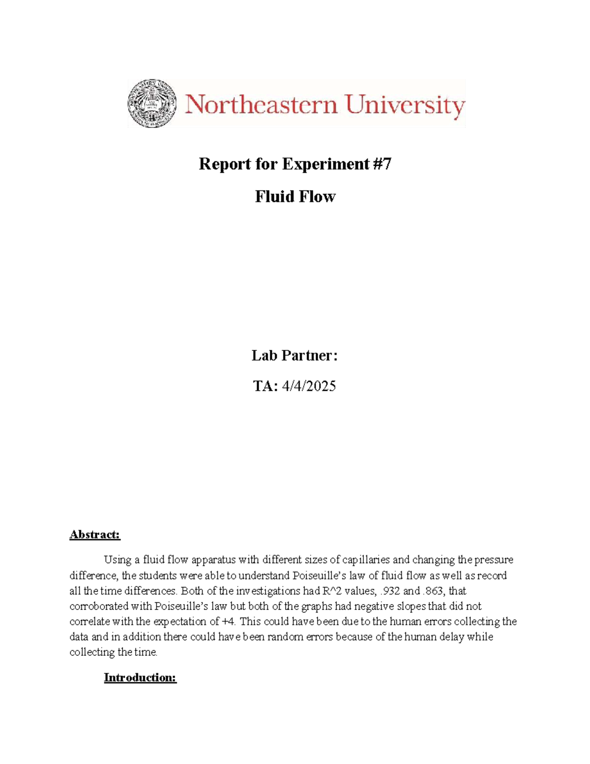 Physics Lab Report #6: Fluid Flow Experiment Analysis - Studocu
