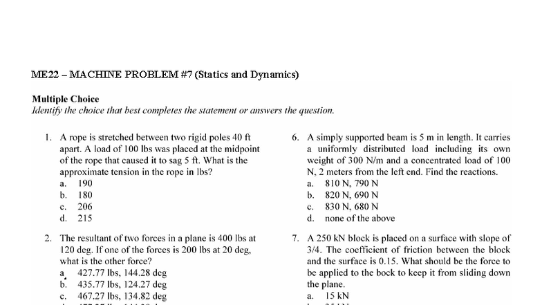 ME22 Statics and Dynamics Machine Problem MCQs - Studocu