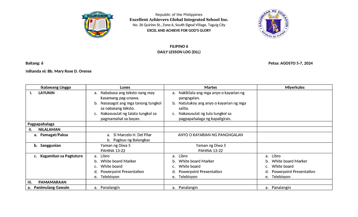 Filipino 6 Daily Lesson Log (DLL) - Week 2 Overview and Activities ...