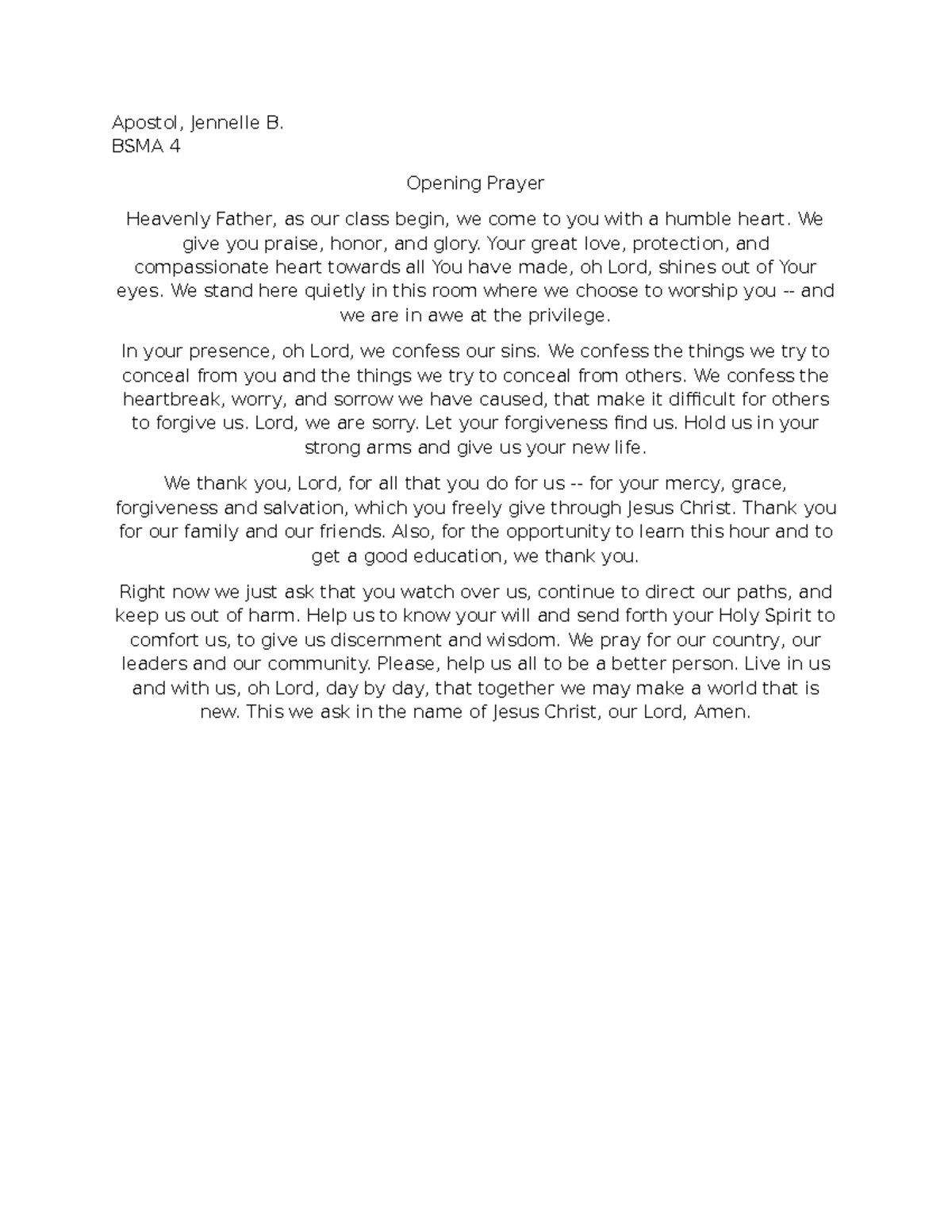 CFE 6A: Opening Prayer for Class - A Humble Invocation - Studocu