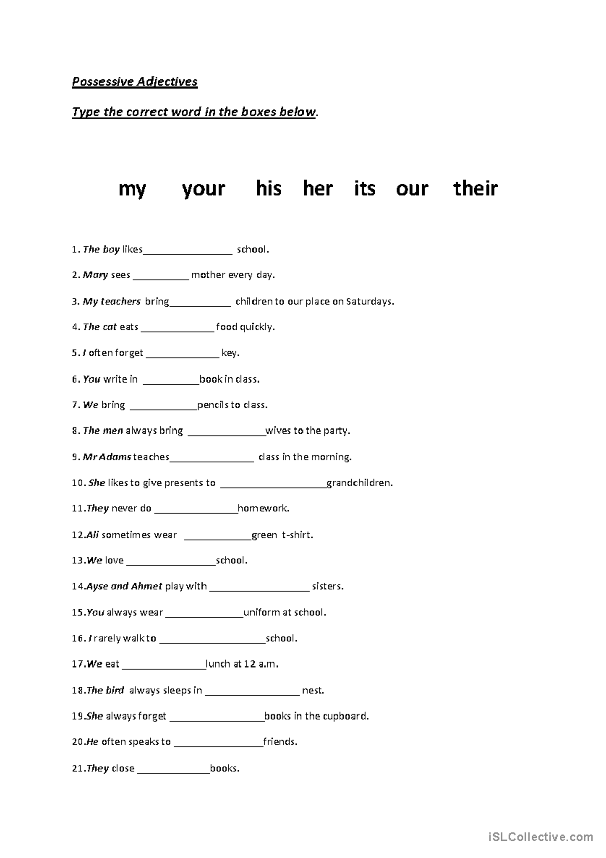 Possessive Adjectives Practice Exercises for ESL Learners - Studocu