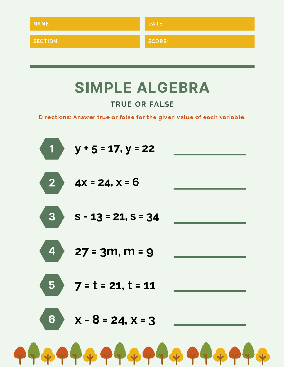 Simple Algebra True or False Equations Math Worksheet - MATH 1008 ...