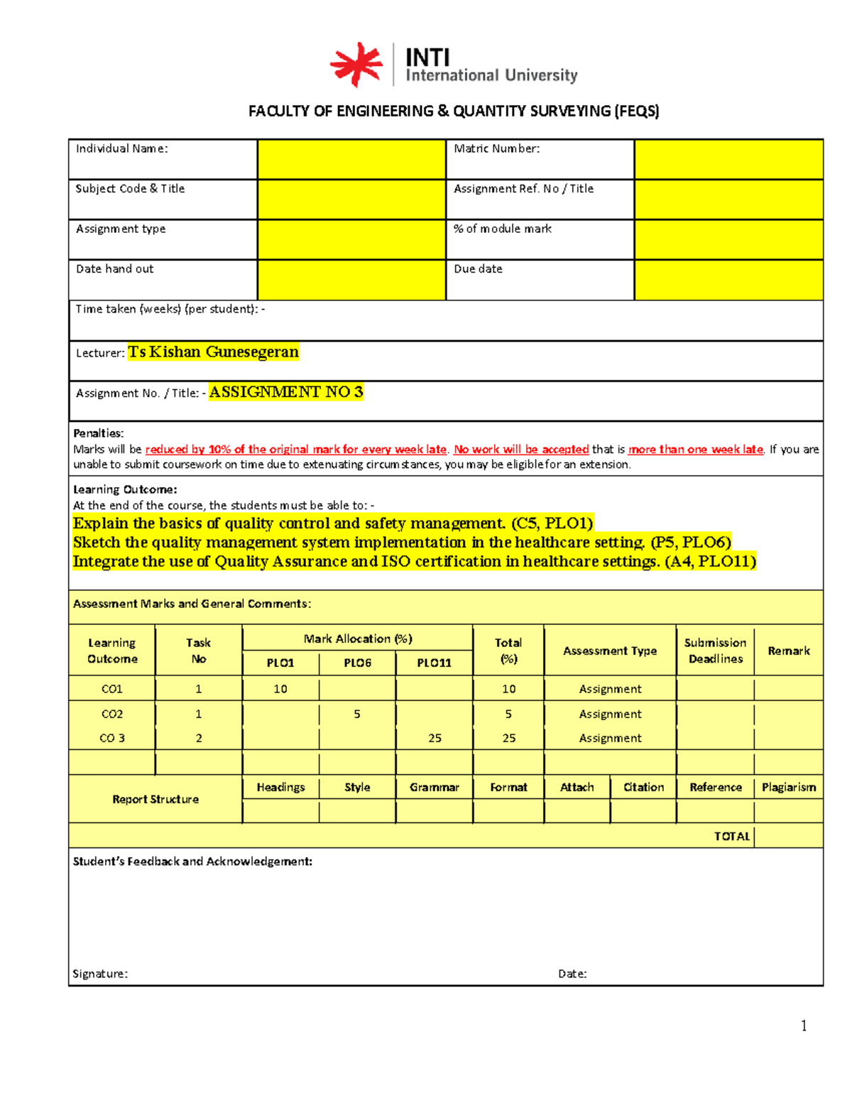 Assignment 3: Quality & Safety Management in Healthcare (MHC 6204 ...