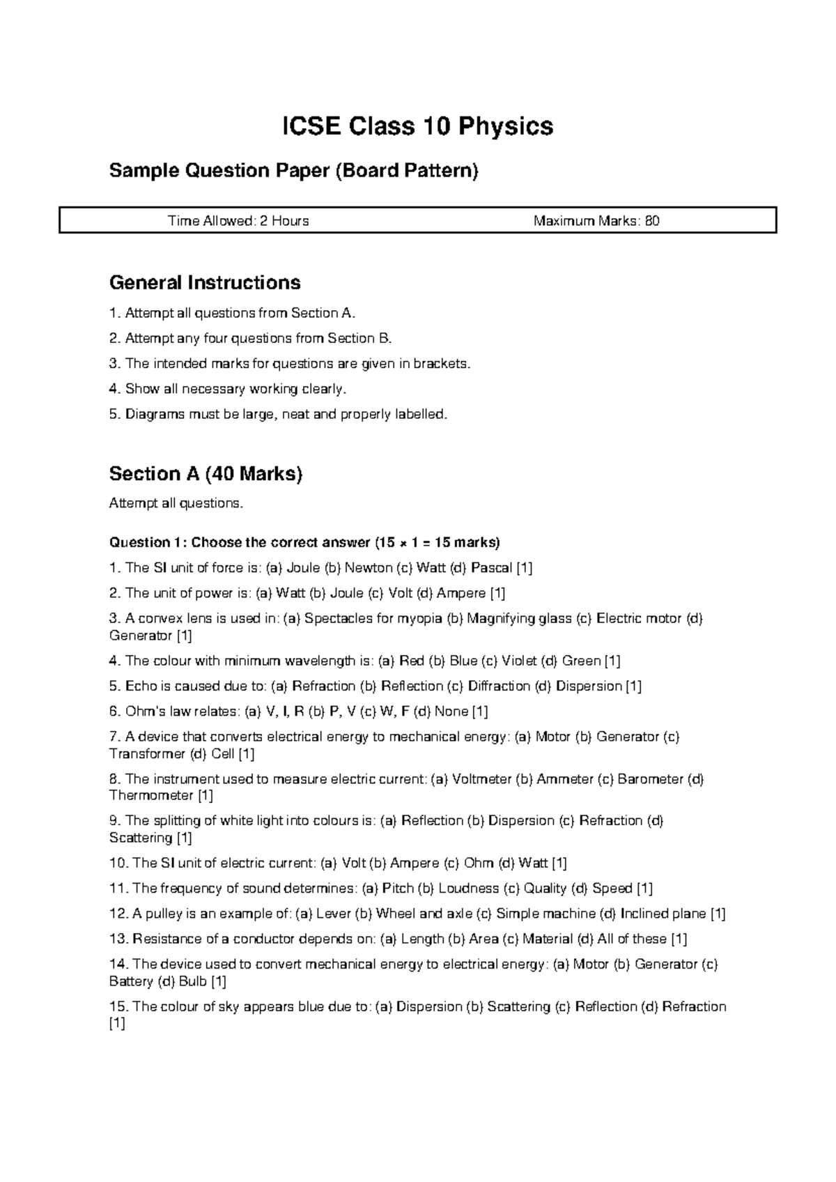 ICSE Class 10 Physics Sample Question Paper (Board Pattern) - Studocu
