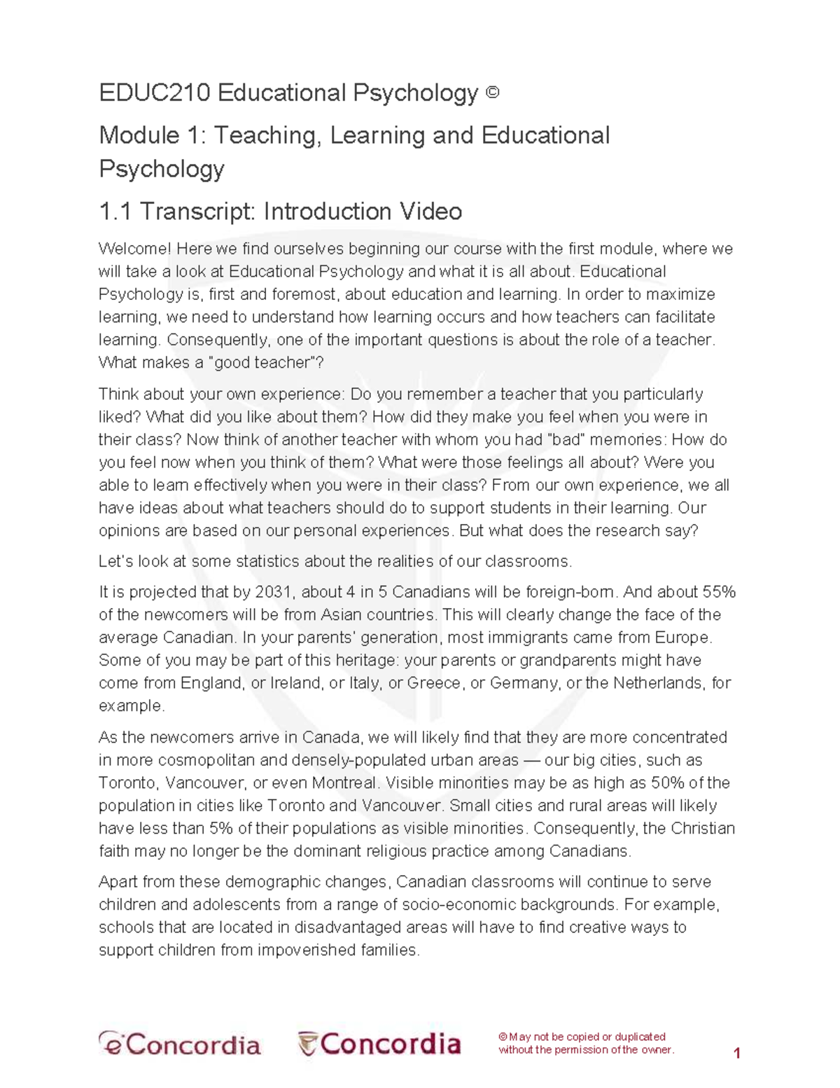 EDUC210 Educational Psychology Module 1: Intro Video Transcript - Studocu