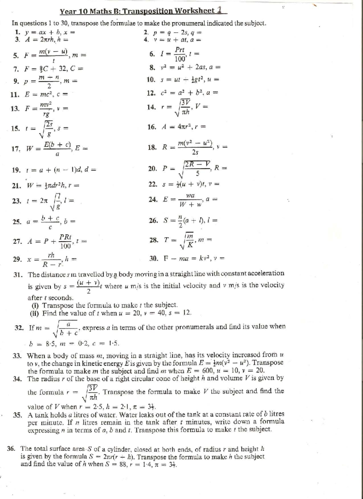 Year 10 Maths B: Transposition Practice Worksheet 1 - Studocu