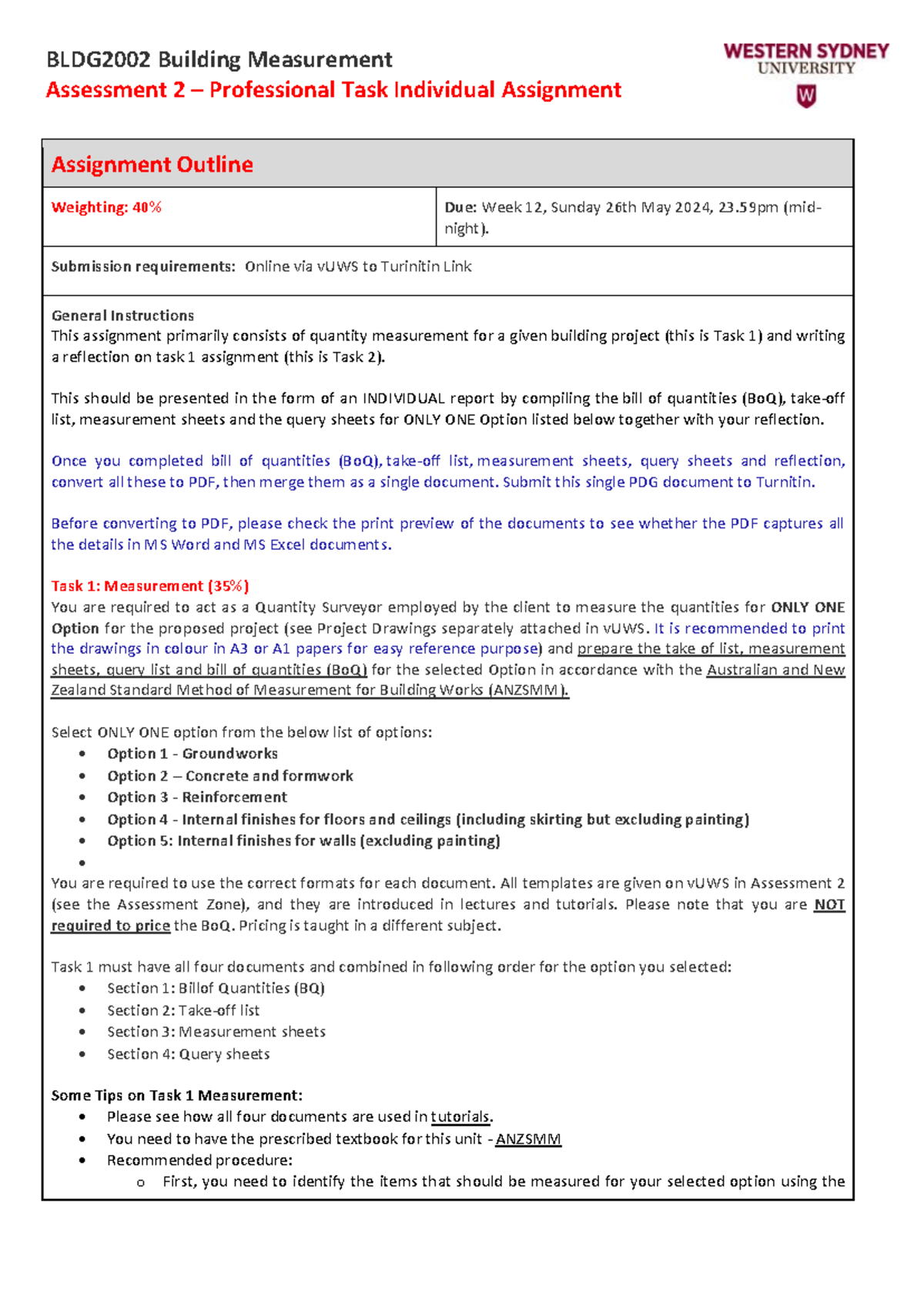BLDG2002 Assessment 2: Quantity Measurement & Reflection Report - Studocu