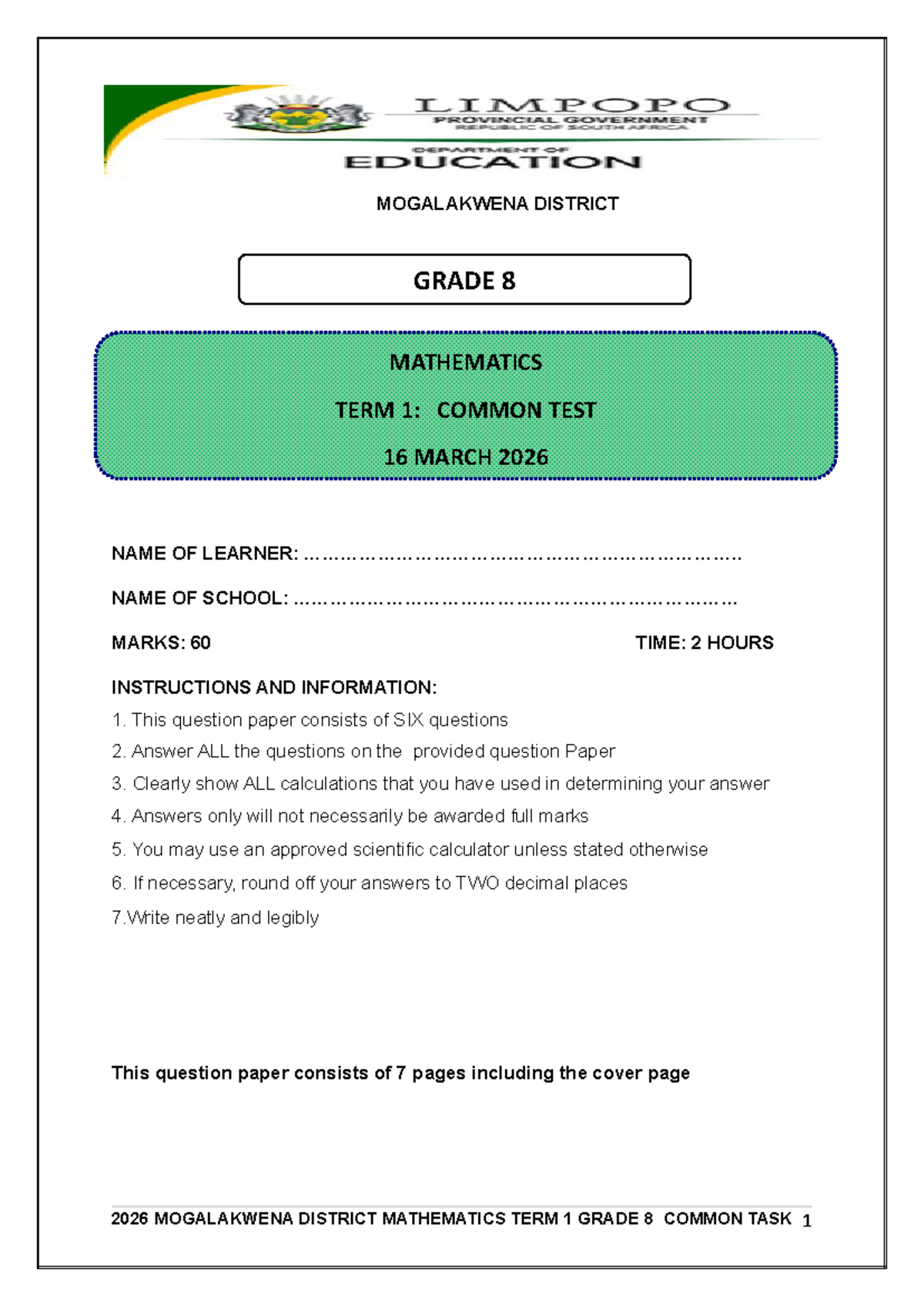 2026 MOGALAKWENA DISTRICT GRADE 8 MATHEMATICS TERM 1 COMMON TEST - Studocu