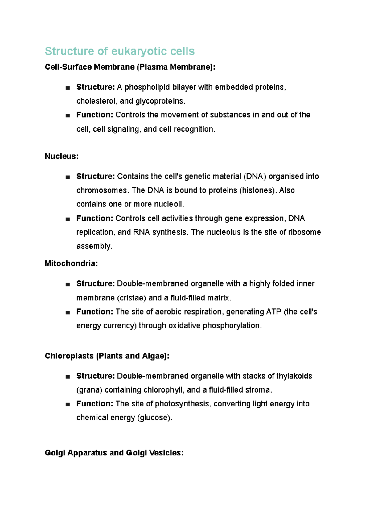 Biology 101: Structure and Function of Eukaryotic Cells - Studocu