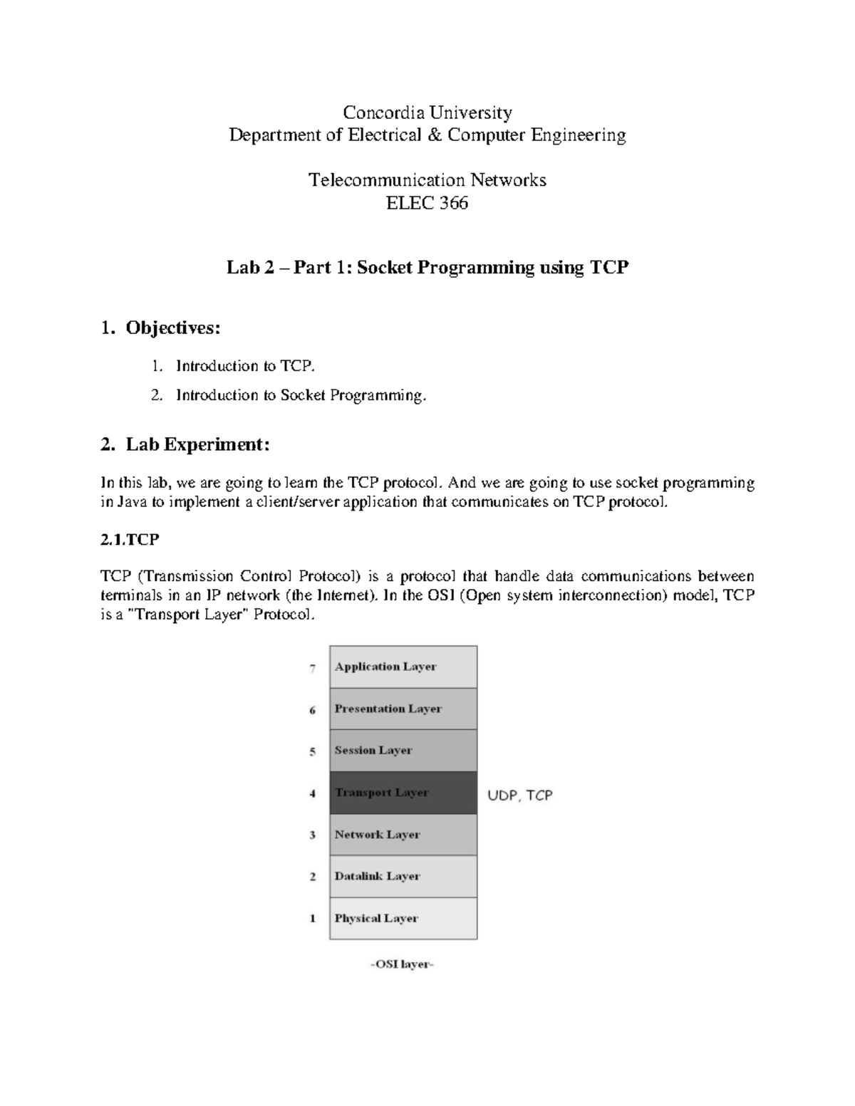 ELEC 366 Lab 2 Part 1: TCP Socket Programming Lecture Notes - Studocu