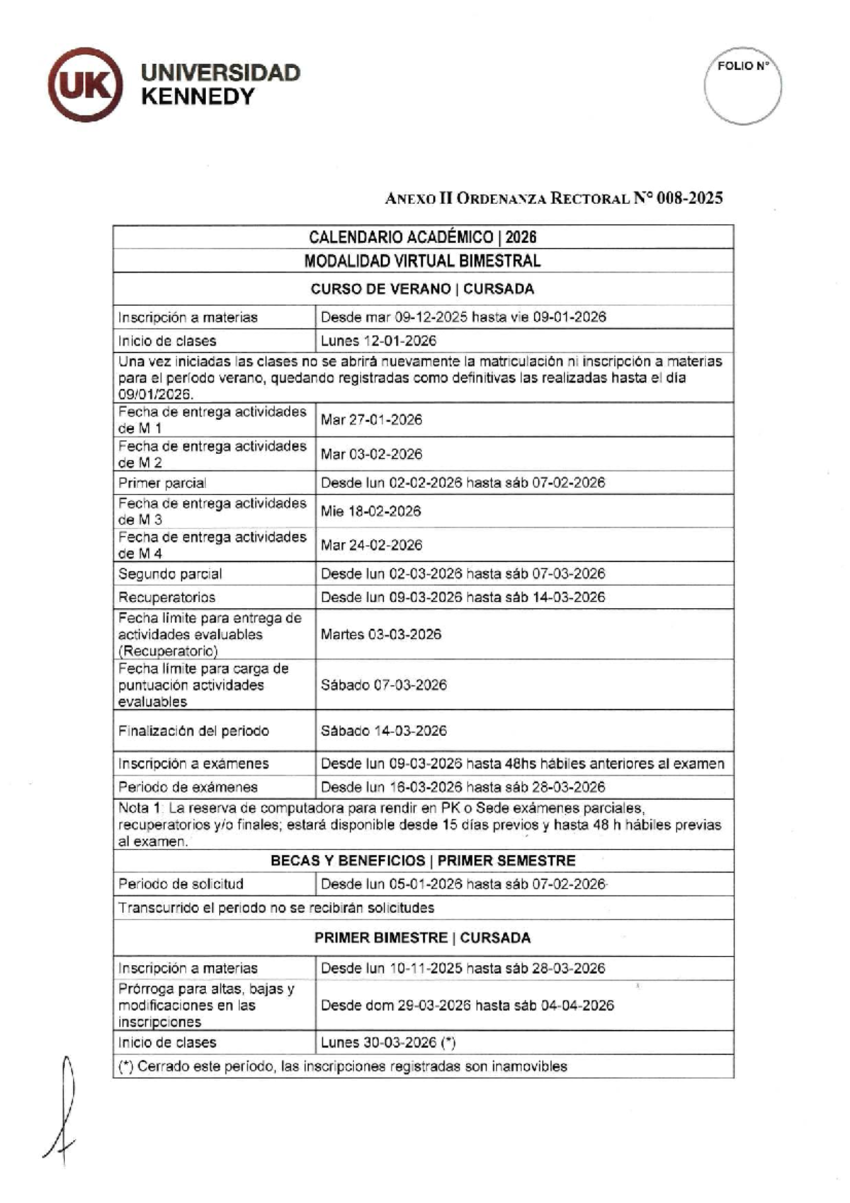 Calendario Académico 2026 Bimestral - Modalidad Virtual UK FOLIO - Studocu