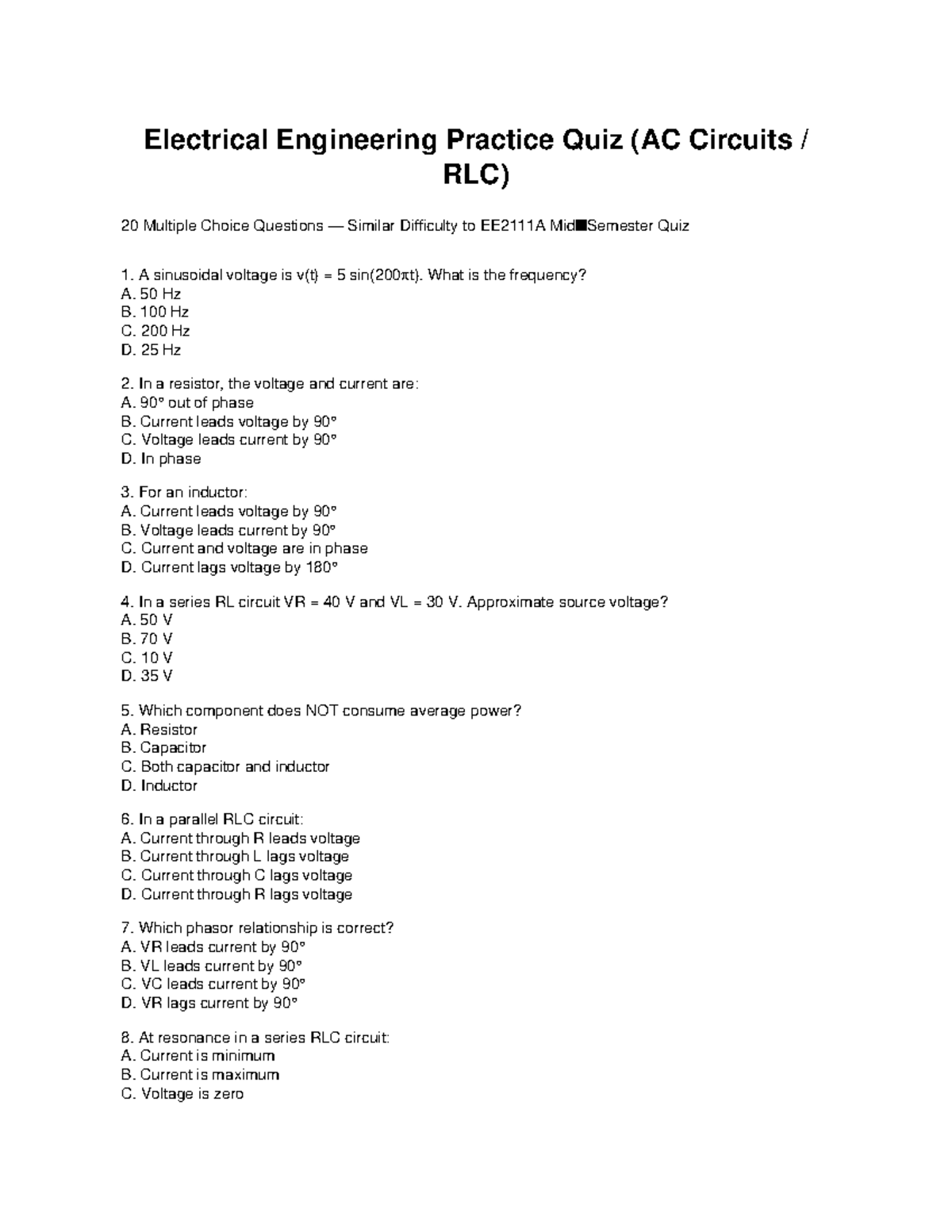 EE Practice Quiz: RLC AC Circuits with 20 MCQs - Studocu
