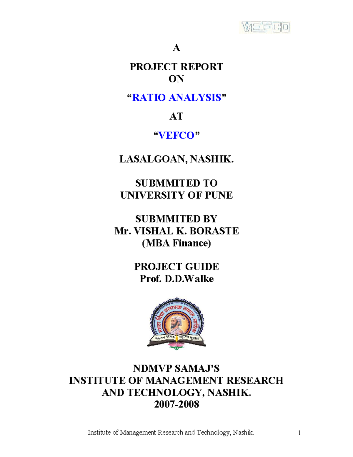MBA Project Report on Ratio Analysis at VEFCO, Lasalgaon - Studocu
