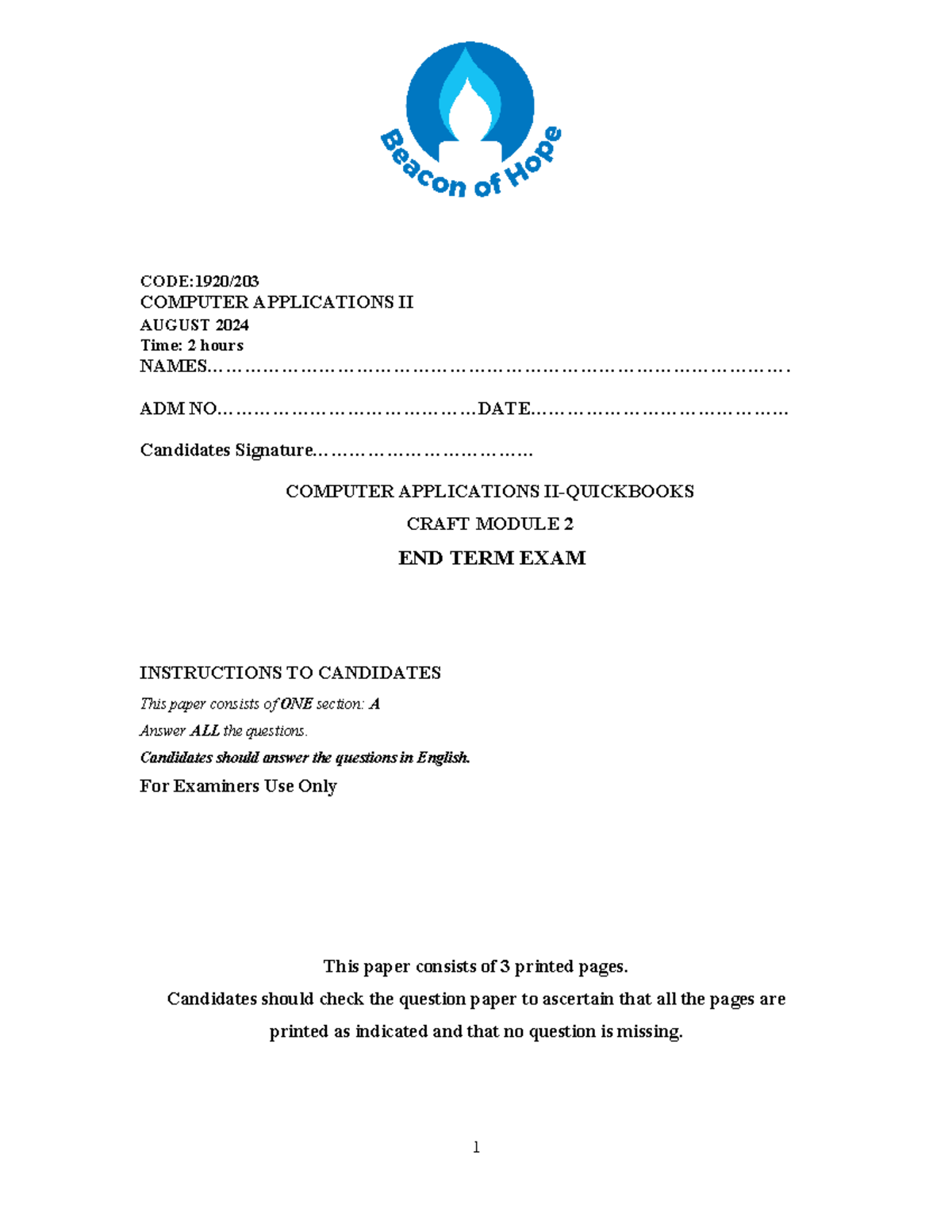 Computer Applications II (CODE: 1920) QuickBooks End Term Exam - Studocu