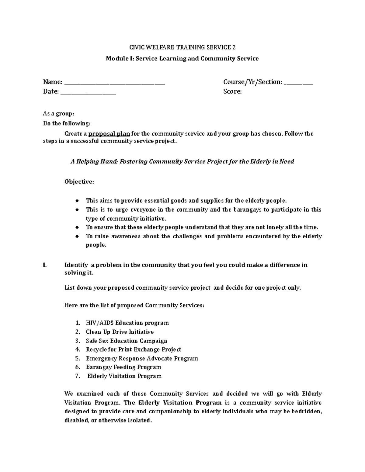 CIVIC WELFARE TRAINING SERVICE 2: Community Service Proposal for ...