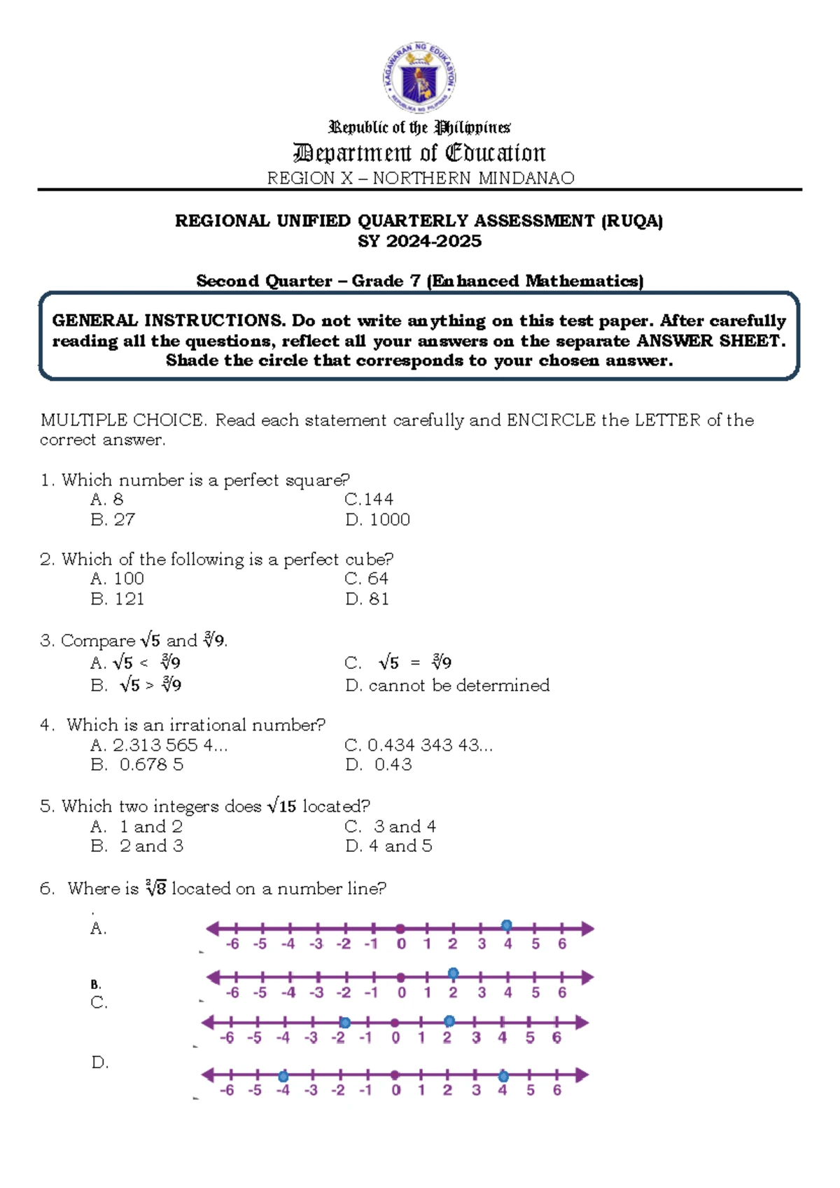 Math 7 Q1 Final RUQA 2024 - Department of Education REGION X – NORTHERN ...