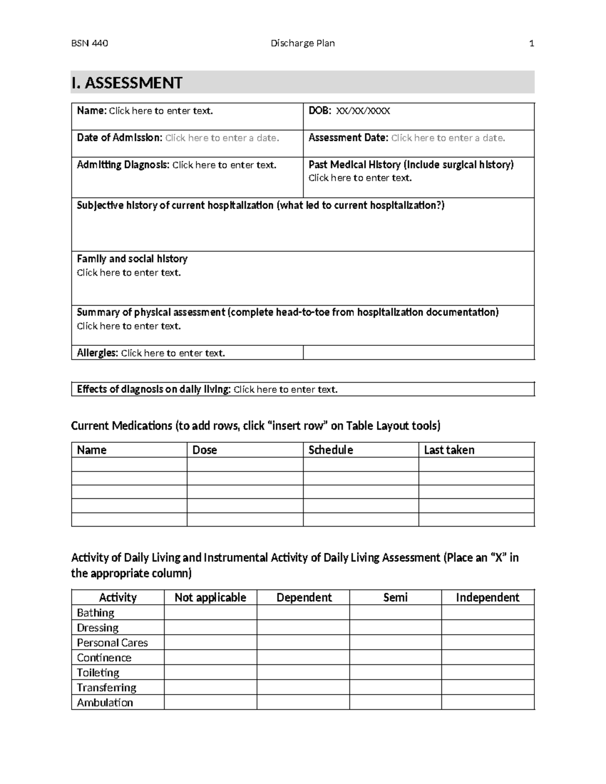 BSN 440 Discharge Plan Template: Comprehensive Assessment & Care Guide ...