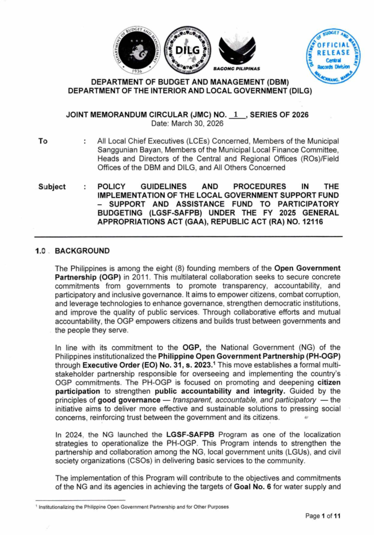 DBM DILG JMC No. 2026: Guidelines for Local Government Support Fund ...