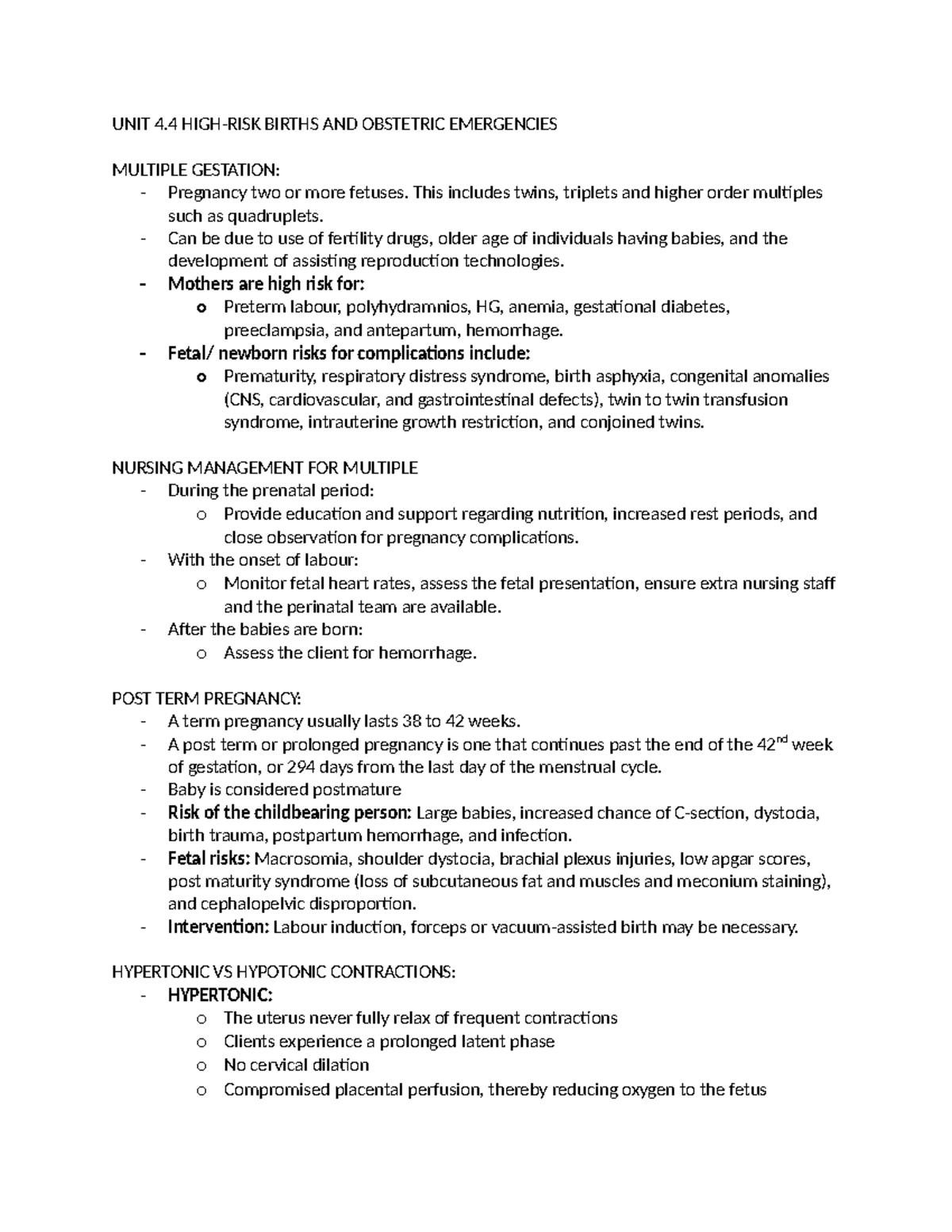 UNIT 4 - High-Risk Births & Obstetric Emergencies Notes - Studocu