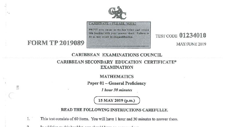 CSEC Mathematics Paper 01 General Proficiency 2019 - Studocu