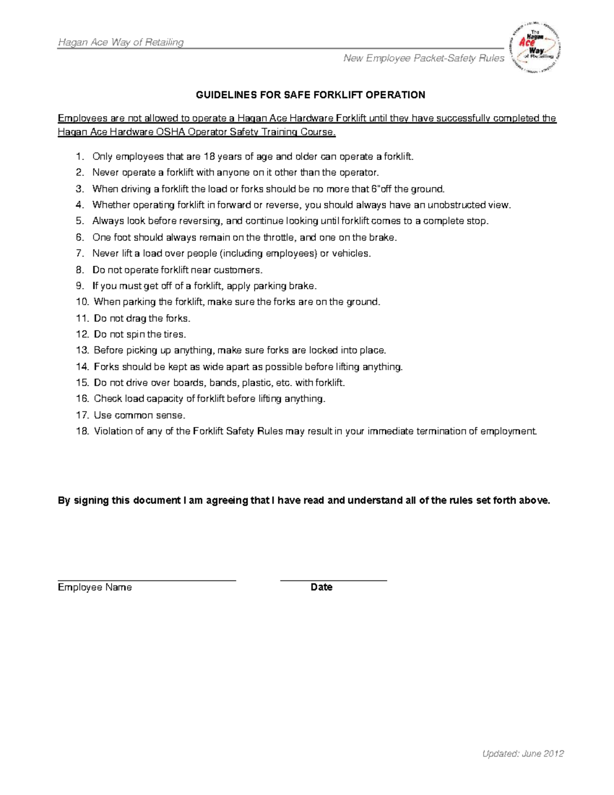 Hagan Ace Forklift Operation Safety Guidelines for Employees - Studocu