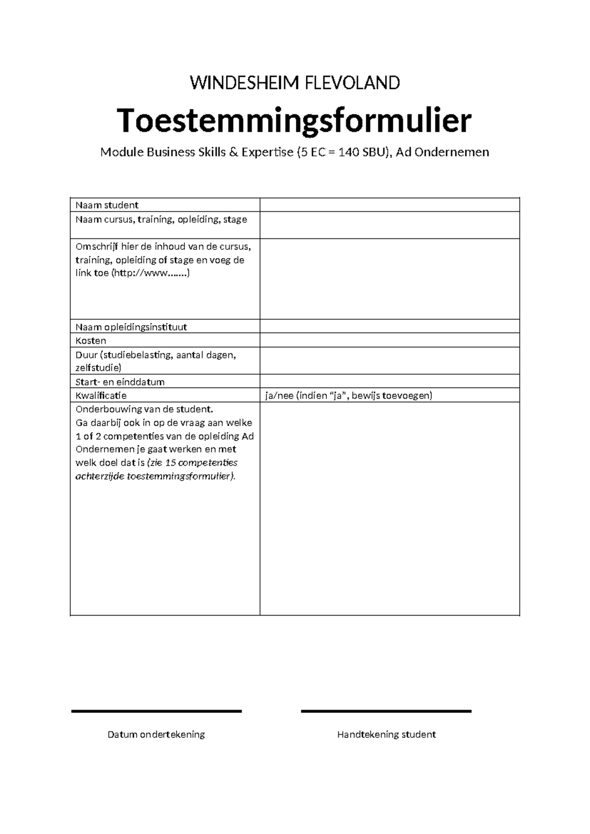 Toestemmingsformulier voor de Module Business Skills & Expertise (5 EC ...