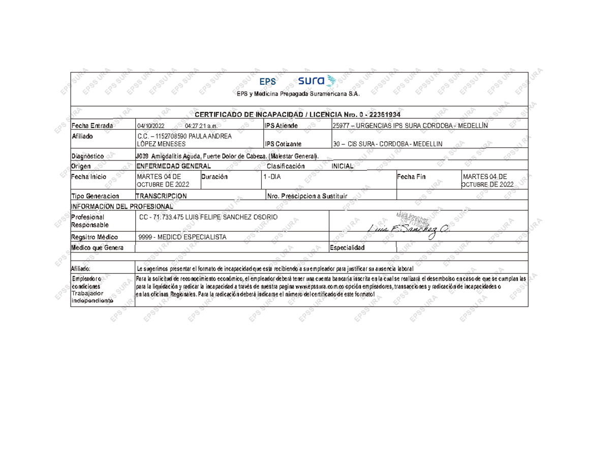 Certificado de Incapacidad SURA EPS - Licencia Nro. 0-22361934 - Document Preview