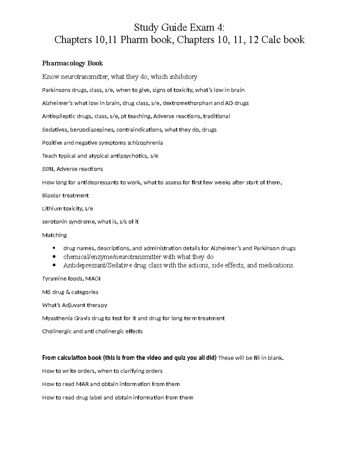 Pharm 101: Study Guide for Exam 4 - Chapters 10-12 Overview - Studocu