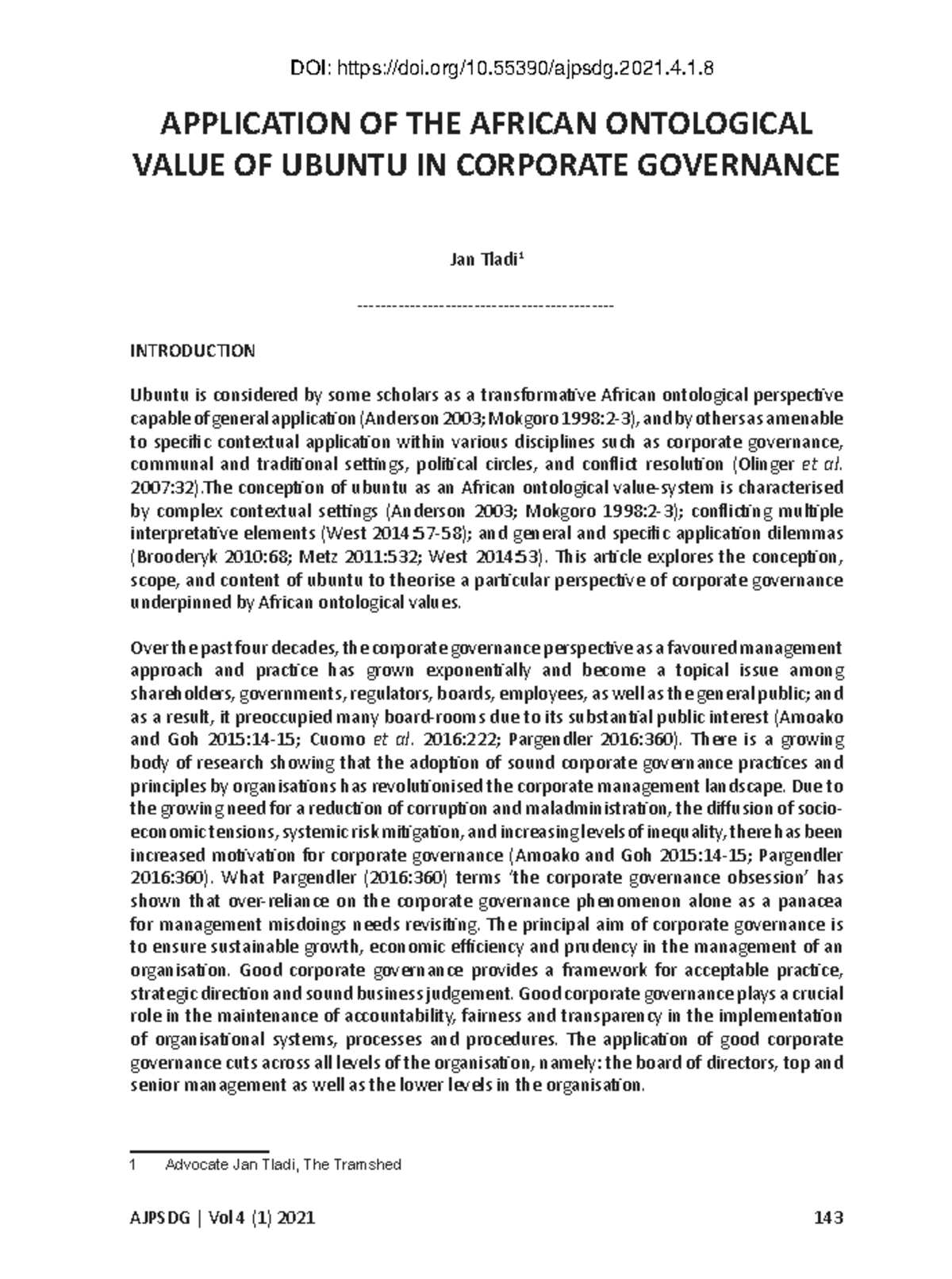 Tladi 2022: Application of Ubuntu Values in Corporate Governance - Studocu