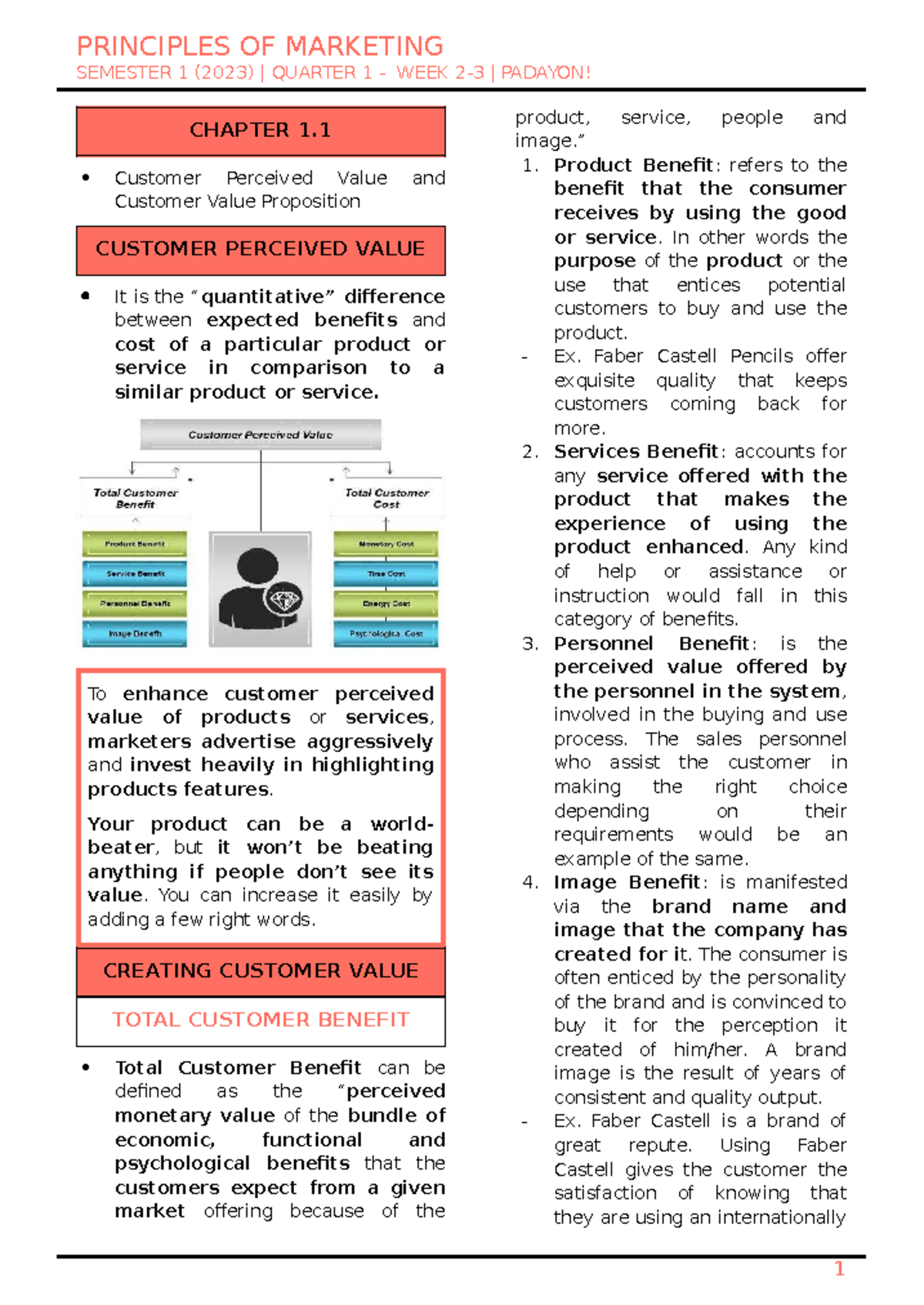 PRINCIPLES OF MARKETING SEM 1 (2023) CH 1.1: Customer Perceived Value ...