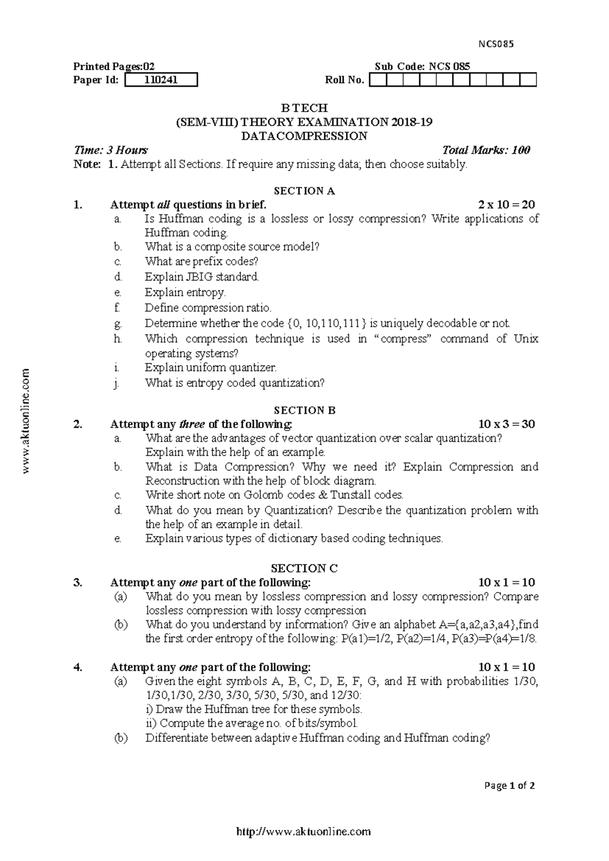 Data Compression NCS085 B Tech Theory Exam Notes 2019 - Studocu
