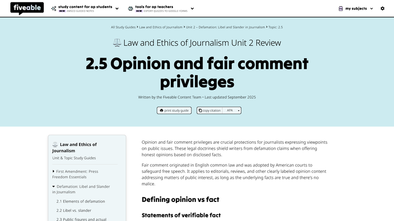 Law and Ethics of Journalism: Opinion and Fair Comment Privileges Notes ...