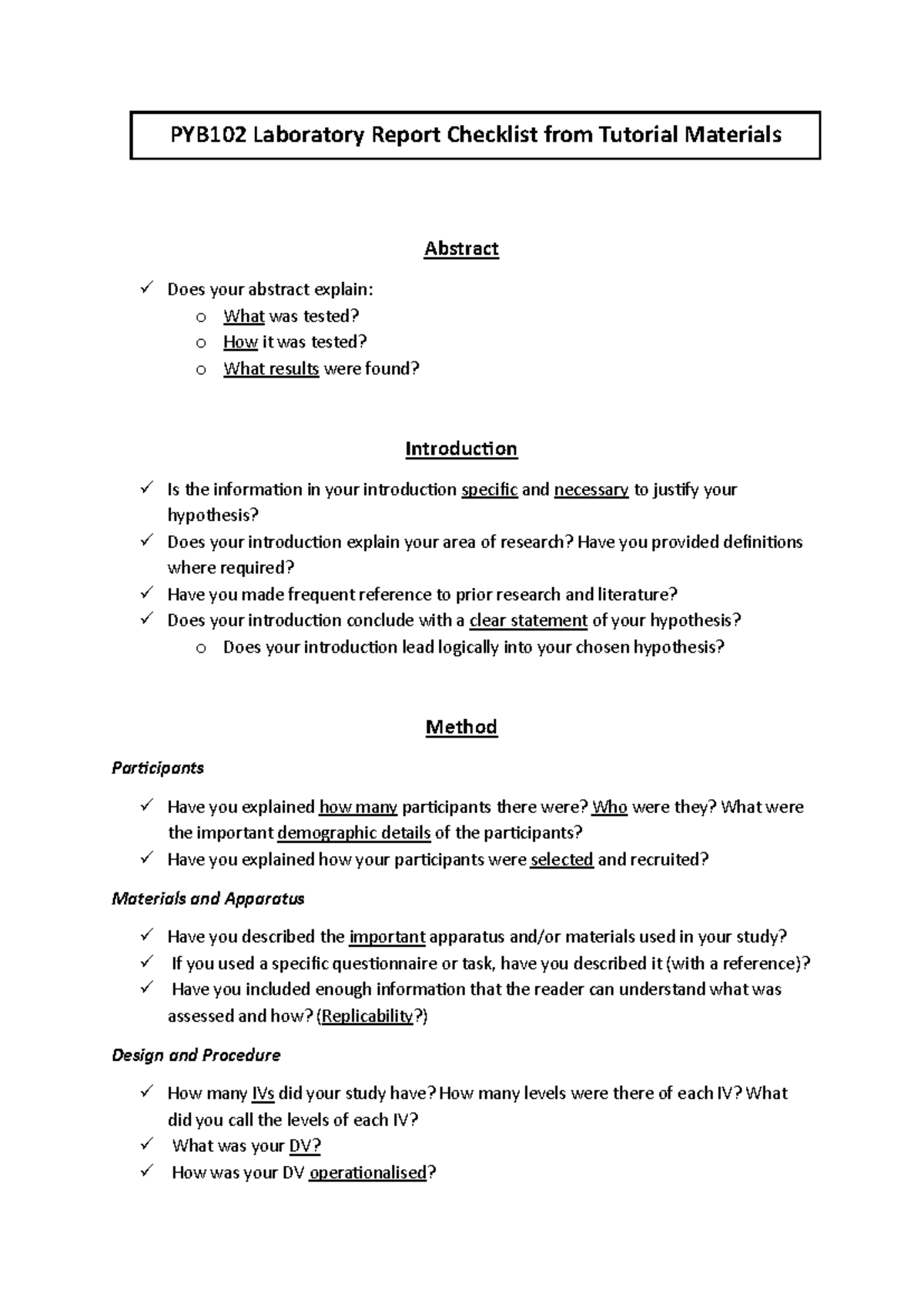 PYB102 Lab Report Checklist: Key Components & Guidelines - Studocu