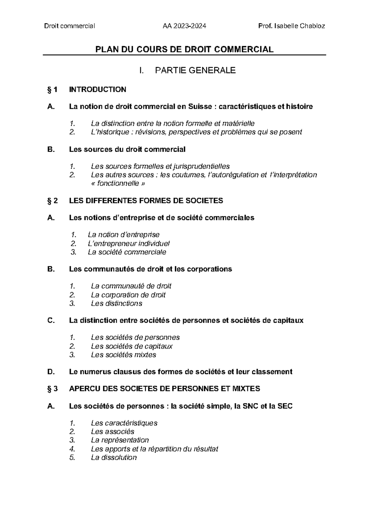 CA 2023-2024 - Plan général du cours de Droit Commercial en Suisse ...