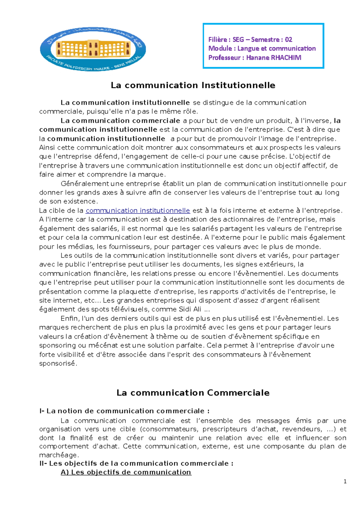 Cours Com institutionnelle et commerciale - La communication ...