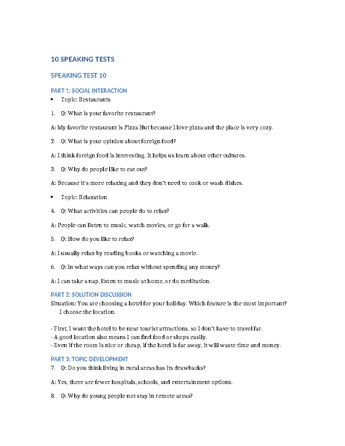 Speaking tests part 1: Social interaction and relaxation topics - Studocu