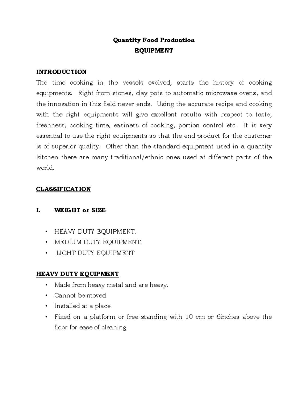 Quantity Food Production Equipment Classification and Overview - Studocu