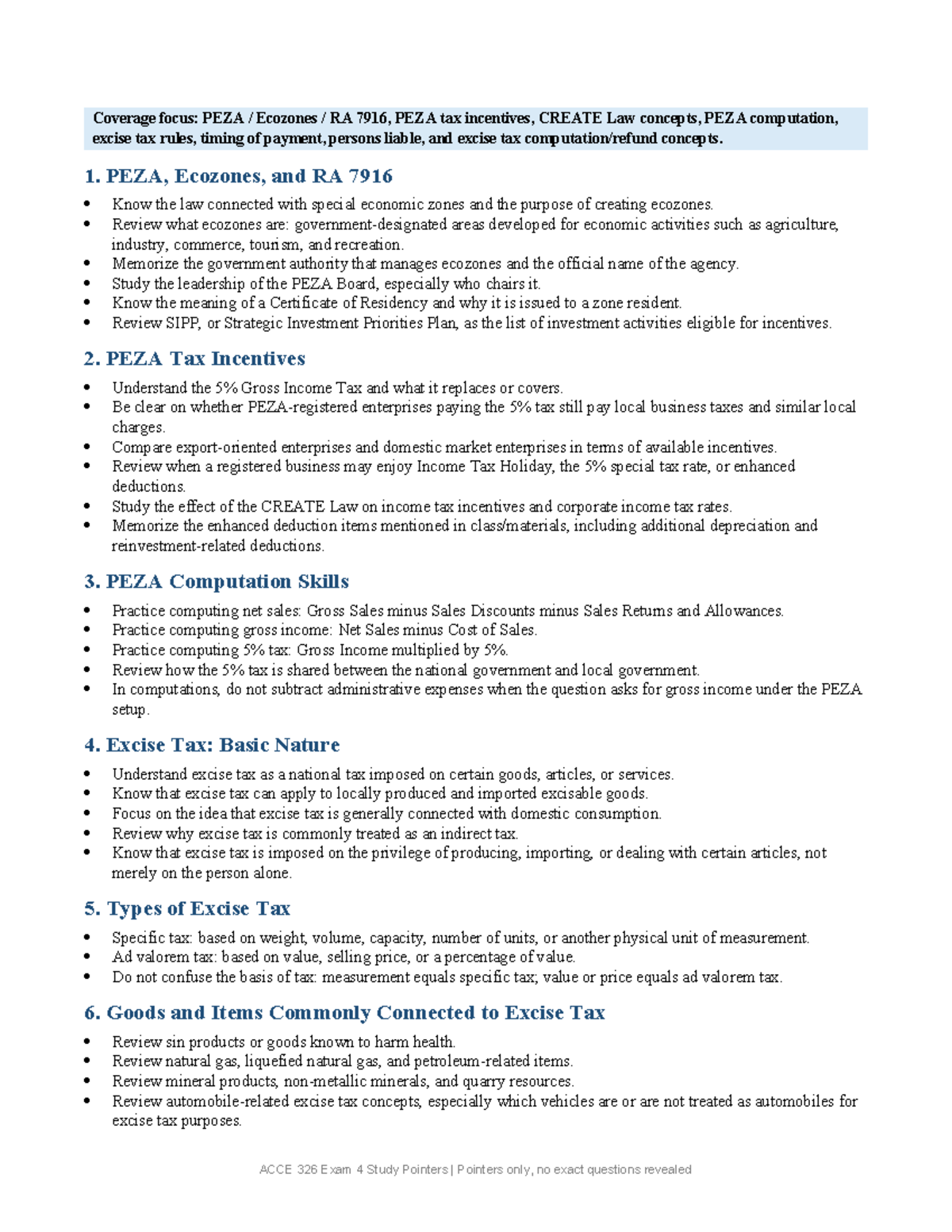 ACCE 326 Final Exam Study Guide: PEZA, Excise Tax, and CREATE Law - Studocu