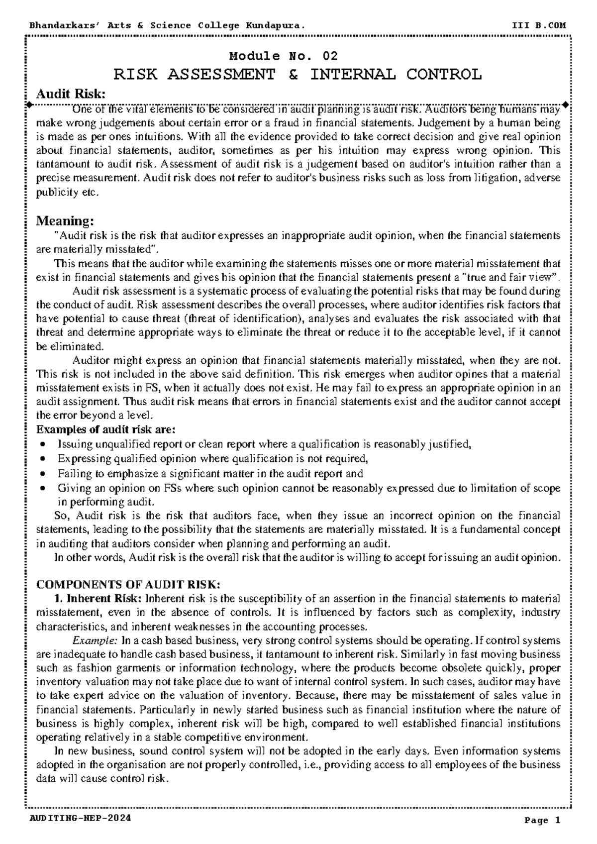 B.COM AUD-02: Risk Assessment & Internal Control in Auditing - Studocu