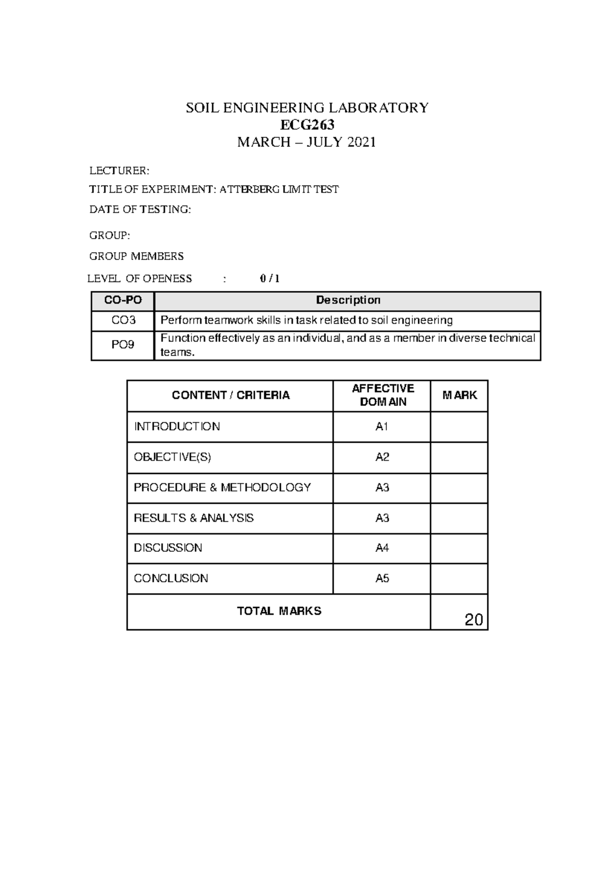 LAB Report: Atterberg Limit Test - ECG 263 Civil Engineering - Studocu