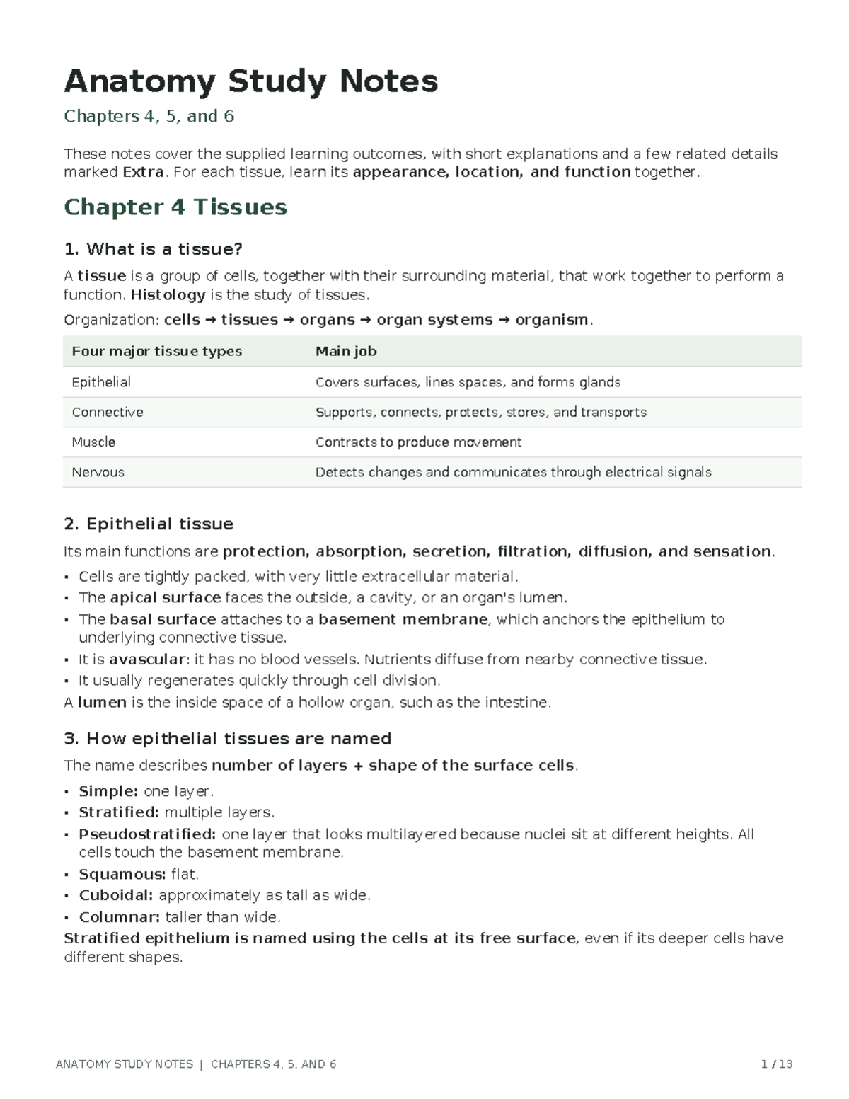 Anatomy Study Notes: Chapters 4, 5, and 6 Overview - Studocu