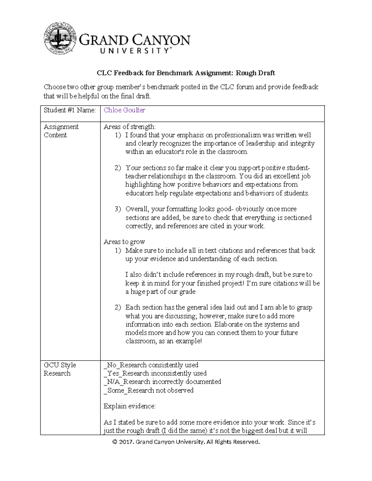 CLC Peer Review Feedback for Benchmark Assignment Draft - Studocu