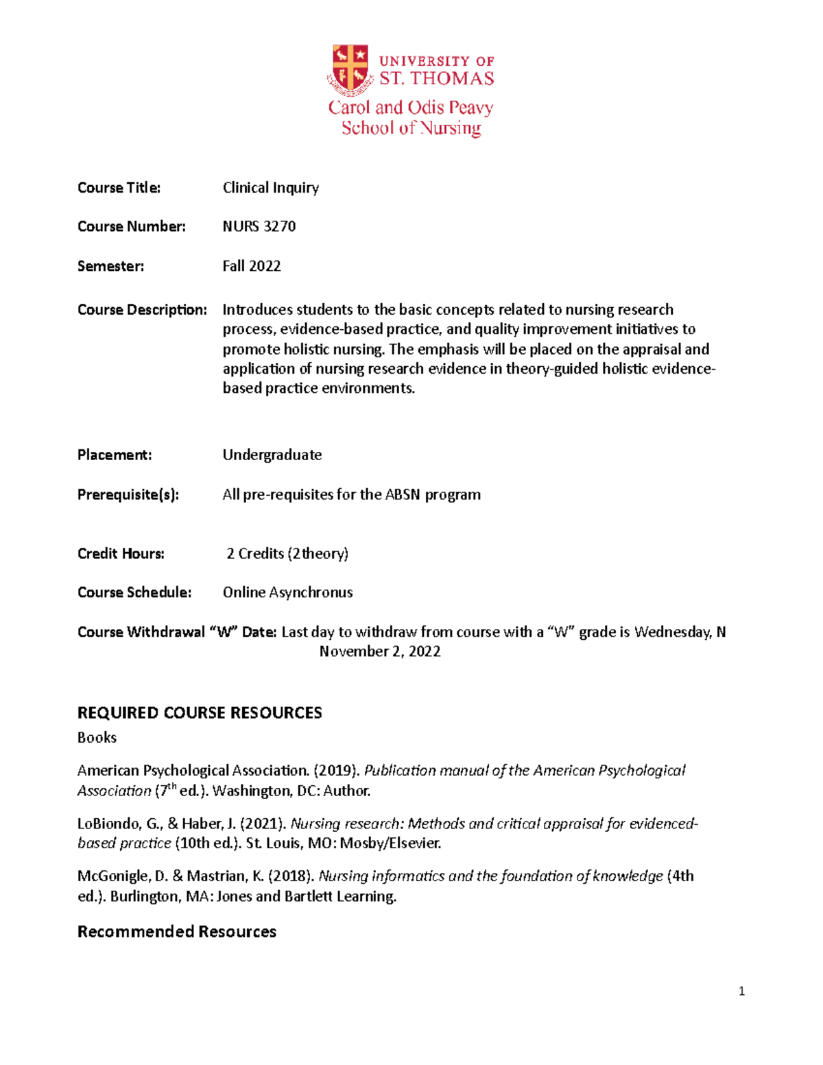NURS 3270 Clinical Inquiry Syllabus - Course Title: Clinical Inquiry ...