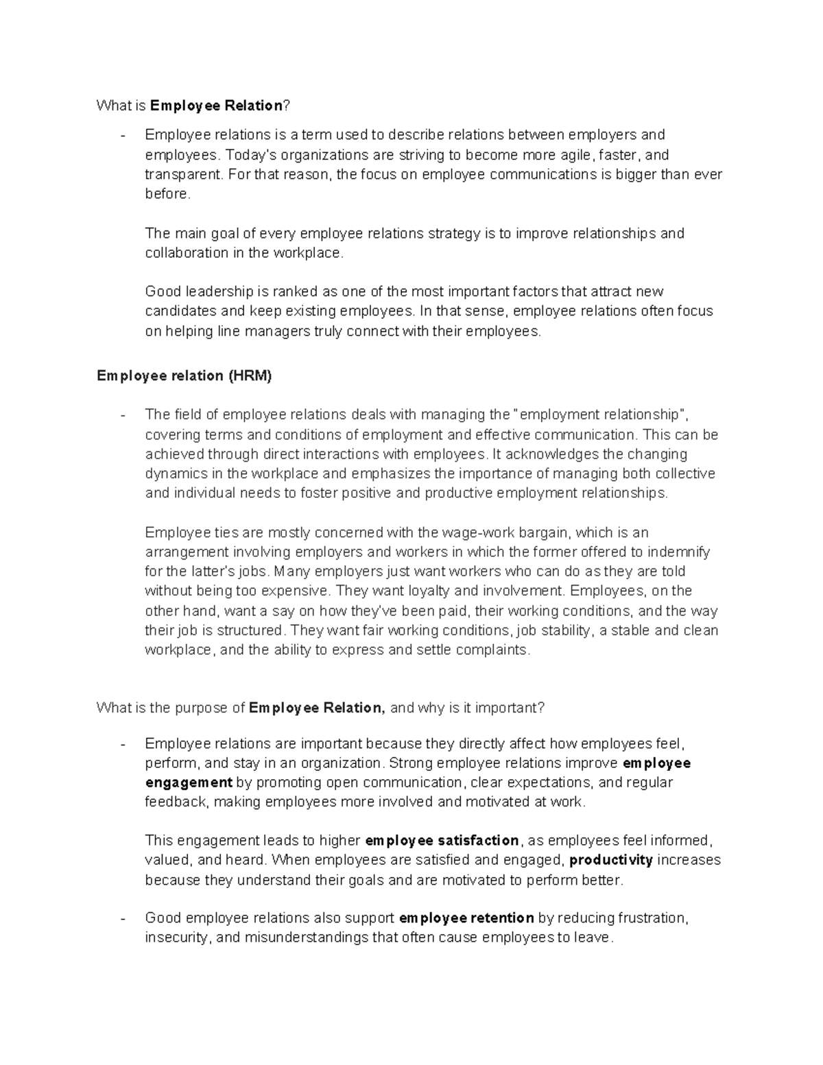 Employee Relations Overview: Importance and Benefits in HRM - Studocu