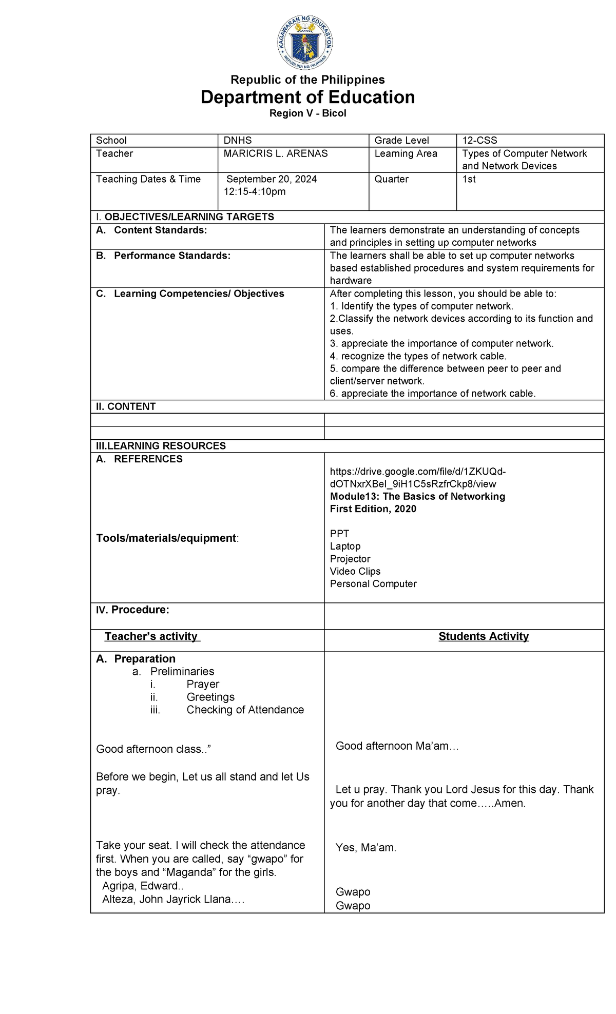 Detailed Lesson Plan: Types of Computer Networks & Devices (Grade 1 ...