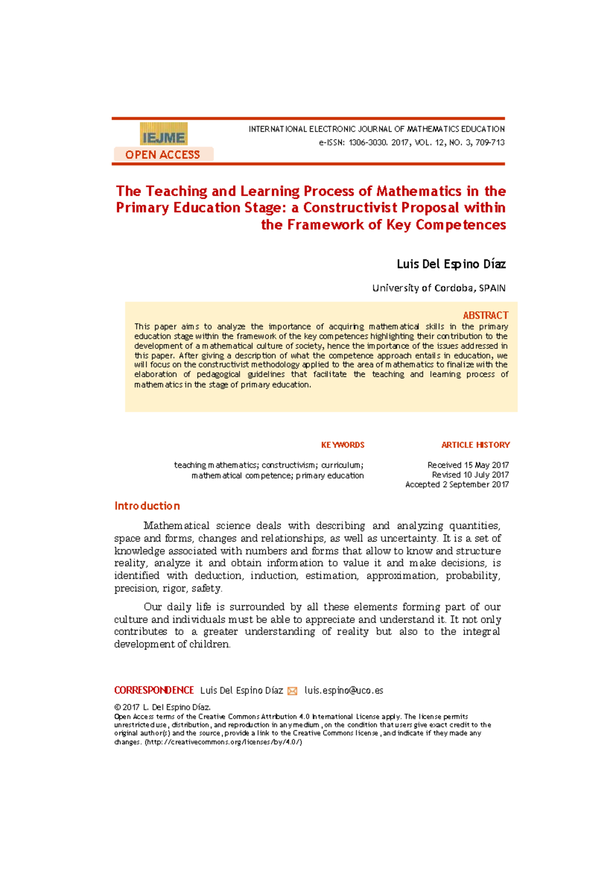 INT ELECT J MATH ED 2017: Constructivist Approaches in Primary Math ...