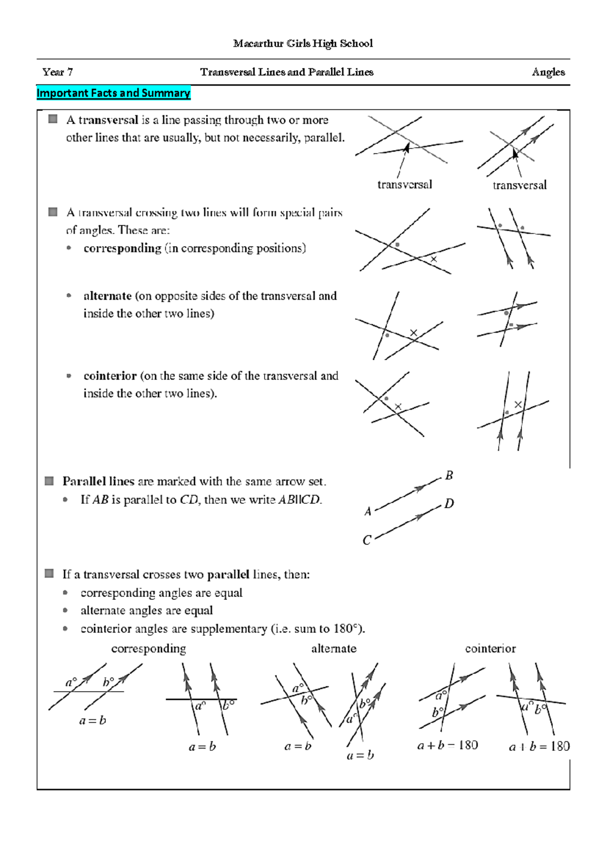 3D Transversals and Parallel LInes - Macarthur Girls High School Year 7 ...